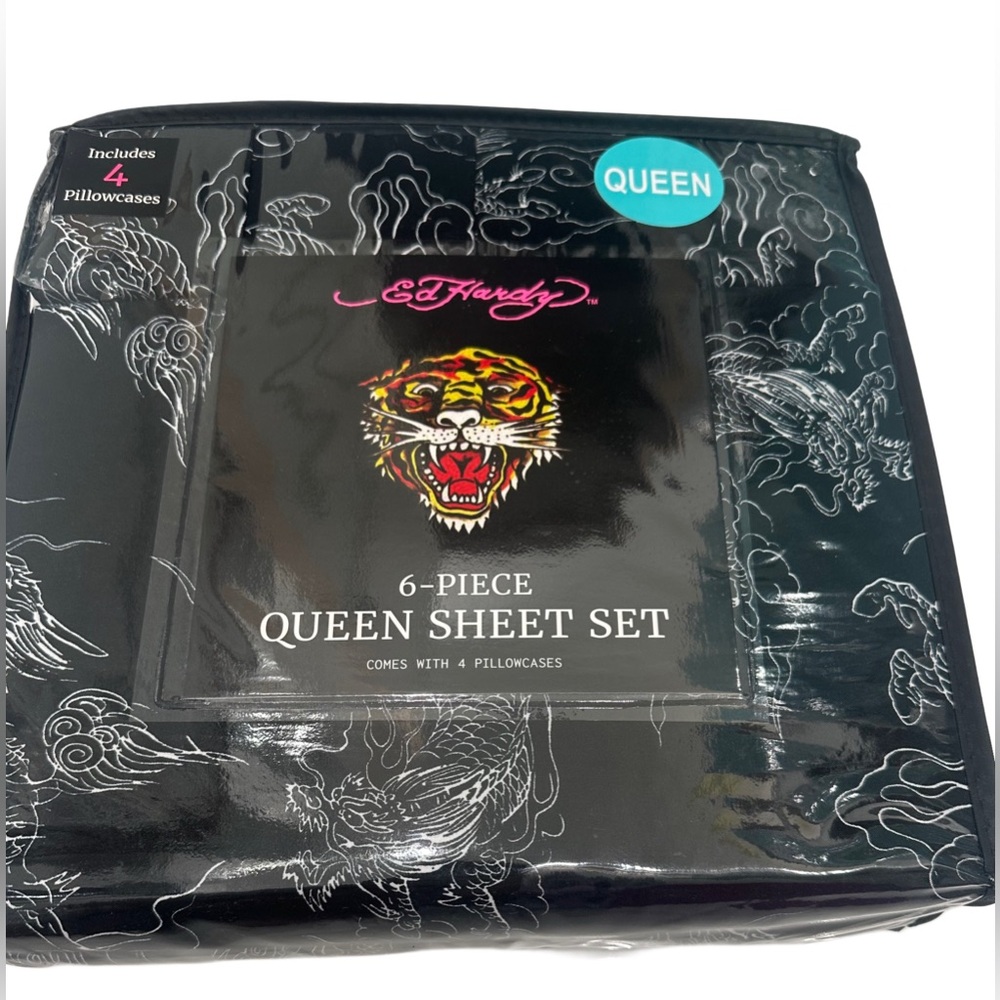 Ed Hardy Queen Sheet Set 6 Piece Black Dragon Tiger
Graphic Bedding New
